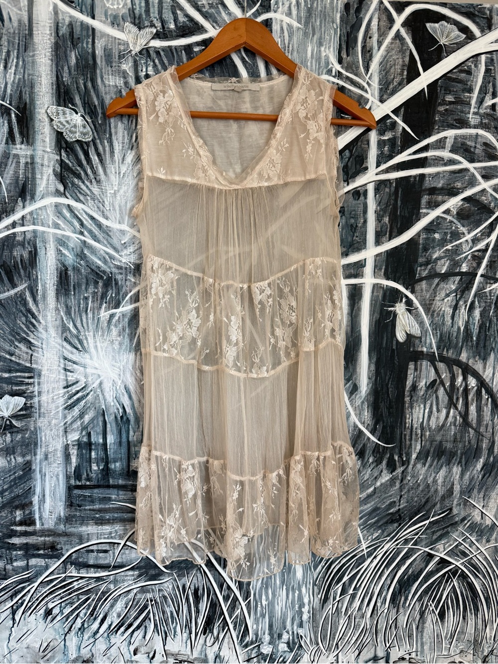 Sheer Tiered Lace Mini Dress in Cream
